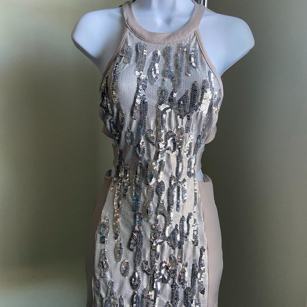 BEBE Silver Sequin Cut Out Party Dress XXS